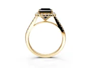 Halo Engagement Ring Setting for Fancy Black Princess Cut Center with Narrowing Pave Band and Prong Head in Yellow Gold