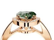 Bezel-Framed Halo Engagement Ring Setting for Fancy Green Heart-Shaped Center with Pave Band and Prong Head in Rose Gold
