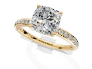 Solitaire Engagement Ring Setting for Cushion Cut Center with Fine Pave Band and Prong Head in Yellow Gold
