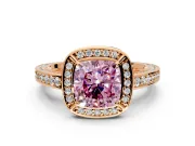 Halo Engagement Ring Setting for Fancy Pink Cushion Cut Center with Framed Halo, Pave Band and Prong Head in Rose Gold