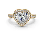 Bezel-Framed Halo Engagement Ring Setting for Heart-Shaped Center with Pave Band and Prong Head in Yellow Gold