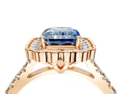 Milgrain Floral Halo Engagement Ring Setting for Fancy Blue Radiant Cut Center with Pave Band and Prong Head in Rose Gold