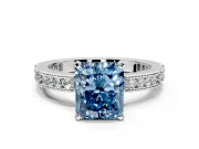 Solitaire Engagement Ring Setting for Fancy Blue Radiant Cut Center with Milgrain-Edged Pave Band and Prong Head in Platinum