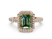 Halo Engagement Ring Setting for Fancy Green Emerald Cut Center with Inner Milgrain Border and Prong Head in Rose Gold