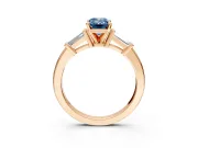 3 Stone Engagement Ring Setting for Fancy Blue Emerald Cut Center with Channel Baguette Accents and Prong Head in Rose Gold