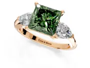 3 Stone Engagement Ring Setting for Fancy Green Princess Cut Center with Large Pear-Shaped Accents and Prong Head in Rose Gold