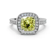 Halo Engagement Ring Setting for Fancy Yellow Cushion Cut Center with Milgrain Halo, Pave Band and Prong Head in White Gold