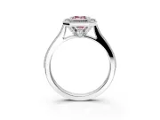 Halo Engagement Ring Setting for Fancy Pink Emerald Cut Center with Milgrain Pave Band and Bezel Head in Platinum