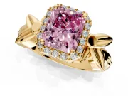 Halo Engagement Ring Setting for Fancy Pink Radiant Cut Center with Floral Band and Prong Head in Yellow Gold