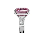 3 Stone Engagement Ring Setting for Fancy Pink Asscher Cut Center with Tapered Baguettes, Plain Band and Prong Head in White Gold