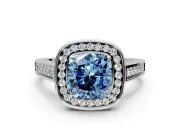 Halo Engagement Ring Setting for Fancy Blue Cushion Cut Center with Outer Bezel Rim, Pave Band and Prong Head in White Gold