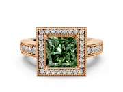 Milgrain Halo Engagement Ring Setting for Fancy Green Princess Cut Center with Pave Band and Prong Head in Rose Gold