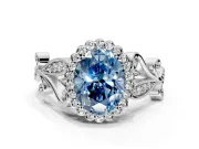 Halo Engagement Ring Setting for Fancy Blue Oval Center with Leaf Motif Split Shank and Prong Head in Platinum