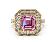 Halo Engagement Ring Setting for Fancy Pink Asscher Cut Center with Milgrain Frame, Pave Band and Prong Head in Yellow Gold