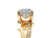 Solitaire Engagement Ring Setting for Cushion Cut Center with Pave and Plain Crossover Band and Prong Head in Yellow Gold