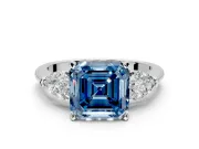 3 Stone Engagement Ring Setting for Fancy Blue Asscher Cut Center with Large Pear-Shaped Accents and Prong Head in Platinum