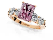 5 Stone Engagement Ring Setting for Fancy Pink Radiant Cut Center with Graduated Accents and Prong Head in Rose Gold