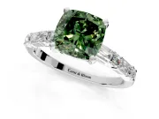 Baguette Engagement Ring Setting for Fancy Green Cushion Cut Center with Alternating Bar-Set Band and Prong Head in White Gold
