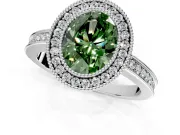 Halo Engagement Ring Setting for Fancy Green Oval Center with Milgrain Halo, Pave Band and Prong Head in White Gold