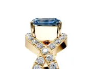 Halo Engagement Ring Setting for Fancy Blue Emerald Cut Center with Pave Infinity Twist Band and Prong Head in Yellow Gold