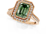 Halo Engagement Ring Setting for Fancy Green Emerald Cut Center with Milgrain Pave Band and Bezel Head in Rose Gold