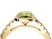 Halo Engagement Ring Setting for Fancy Yellow Emerald Cut Center with Full Pave Band and Prong Head in Yellow Gold
