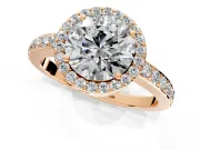 Halo Engagement Ring Setting for Round Cut Center with Heart-Shaped Openwork, Pave Band and Prong Head in Rose Gold