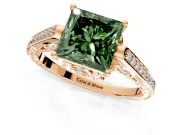 Cathedral Engagement Ring Setting for Fancy Green Princess Cut Center with Antique-Style Pave Band and Prong Head in Rose Gold