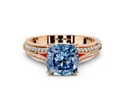 Solitaire Engagement Ring Setting for Fancy Blue Cushion Cut Center with Pave Rail Split Shank and Prong Head in Rose Gold