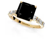 Baguette Engagement Ring Setting for Fancy Black Asscher Cut Center with Alternating Bar-Set Band and Prong Head in Yellow Gold