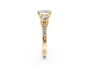 3 Stone Engagement Ring Setting for Radiant Cut Center with Crossover Basket, Pave Band and Prong Head in Yellow Gold