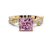 Solitaire Engagement Ring Setting for Fancy Pink Princess Cut Center with Bar-Station Pave Twist and Prong Head in Yellow Gold