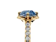 Floral Engagement Ring Setting for Fancy Blue Cushion Cut Center with Pave Band and Floral Prong Head in Yellow Gold
