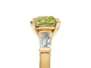 3 Stone Engagement Ring Setting for Fancy Yellow Cushion Cut Center with Channel Baguette Accents and Prong Head in Yellow Gold