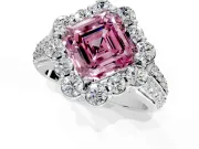 Large Accent Halo Engagement Ring Setting for Fancy Pink Asscher Cut Center with Pave Split Shank and Prong Head in Platinum