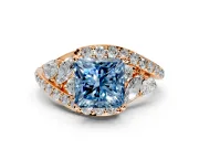 Halo Engagement Ring Setting for Fancy Blue Princess Cut Center with Marquise and Pave Bypass Band and Prong Head in Rose Gold