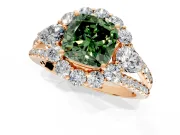 Halo Engagement Ring Setting for Fancy Green Cushion Cut Center with Two-Strand Split Shank and Prong Head in Rose Gold