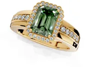 Halo Engagement Ring Setting for Fancy Green Emerald Cut Center with Wide Band, Inlaid Accent Row and Prong Head in Yellow Gold