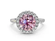 Halo Engagement Ring Setting for Fancy Pink Round Cut Center with Narrowing Pave Band and Prong Head in White Gold