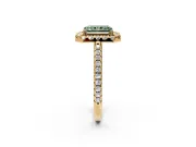 Pave Halo Engagement Ring Setting for Fancy Green Radiant Cut Center with Single Row Pave Band and Prong Head in Yellow Gold