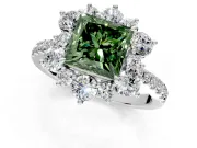 Floral Halo Engagement Ring Setting for Fancy Green Princess Cut Center with Pave Accents and Prong Head in White Gold