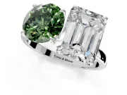 Fancy Green Round Cut and Emerald Cut Lab-Grown Diamond Toi et Moi Engagement Ring with Prong-Set Stones in Sterling Silver