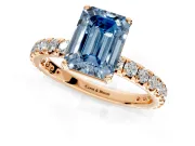 Solitaire Engagement Ring Setting for Fancy Blue Emerald Cut Center with Shared-Prong Accents and Prong Head in Rose Gold