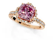 Halo Engagement Ring Setting for Fancy Pink Cushion Cut Center with Openwork Halo, Pave Band and Prong Head in Rose Gold