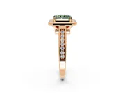 Halo Engagement Ring Setting for Fancy Green Emerald Cut Center with Outer Bezel Rim, Pave Band and Prong Head in Rose Gold