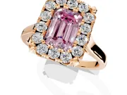 Single Halo Engagement Ring Setting for Fancy Pink Emerald Cut Center with Corner Claws, Plain Band and Prong Head in Rose Gold