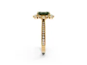 Milgrain Halo Engagement Ring Setting for Fancy Green Emerald Cut Center with Bezel Point Accents and Prong Head in Yellow Gold