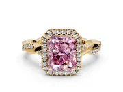 Halo Engagement Ring Setting for Fancy Pink Radiant Cut Center with Pave and Plain Twist Band and Prong Head in Yellow Gold