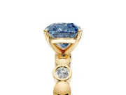 Solitaire Engagement Ring Setting for Fancy Blue Cushion Cut Center with Beaded Bezel Station Band and Prong Head in Yellow Gold