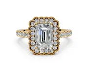 Milgrain Floral Halo Engagement Ring Setting for Emerald Cut Center with Pave Band and Prong Head in Yellow Gold